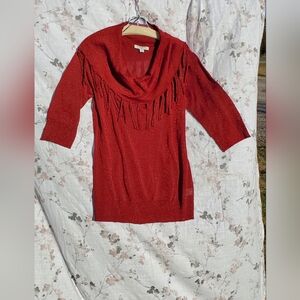 PXL Studio Works Red Sparkle Cowl Neck Fringe Sweater